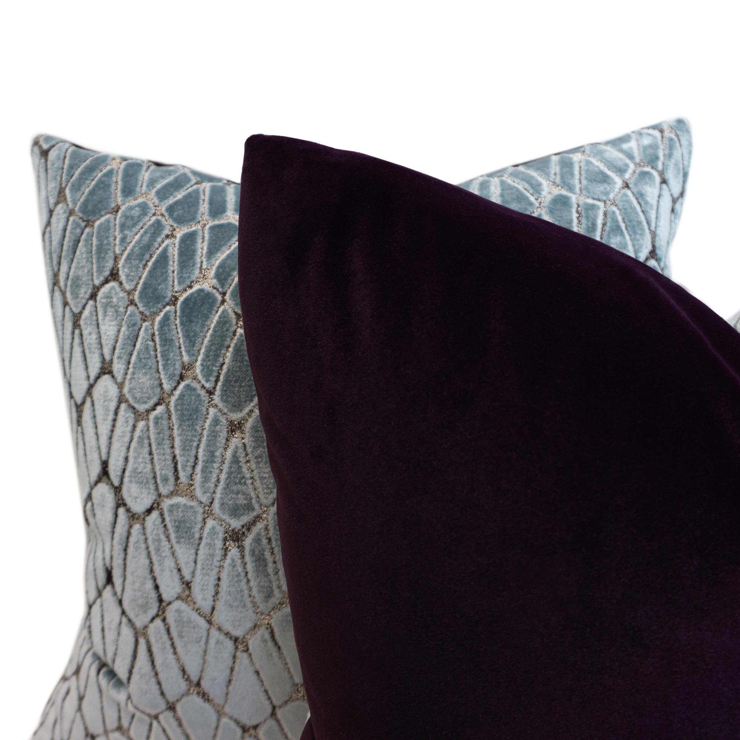 Contemporary Pale Blue Cut Velvet Purple Velvet Square Pillows For Sale