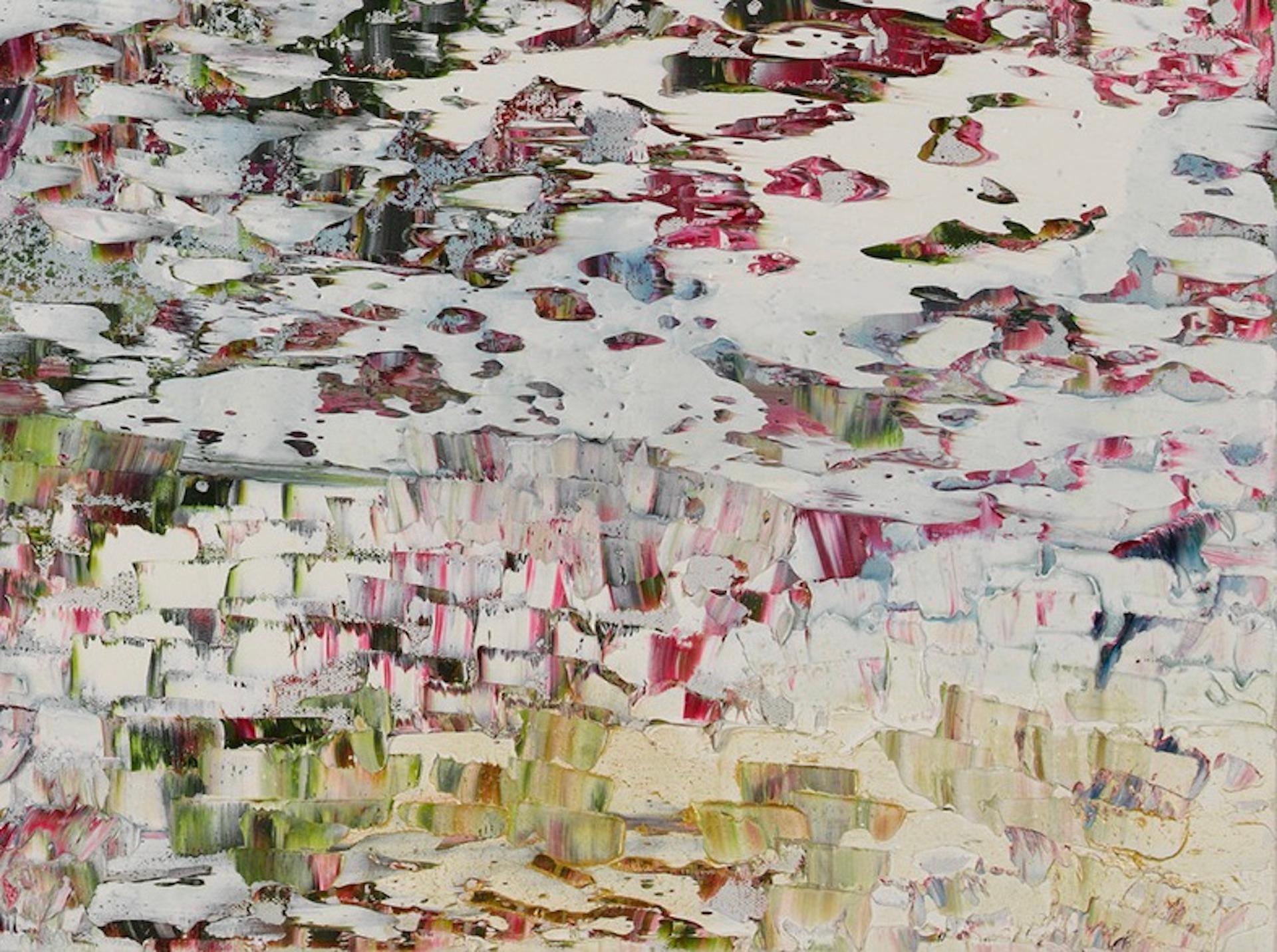 British Contemporary painting of rosy shades that references the lily ponds of Monet For Sale