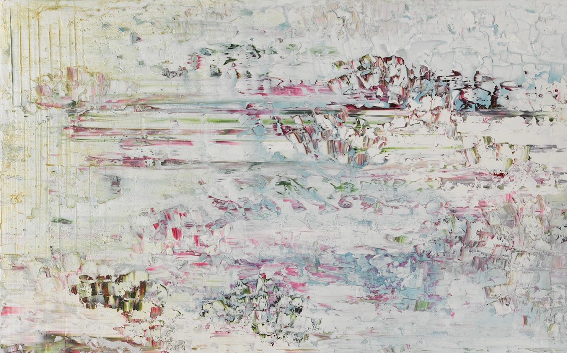 Painted Contemporary painting of rosy shades that references the lily ponds of Monet For Sale