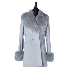 Pale blue double breasted cashmere coat with fox collar and cuff Gai Mattiolo 