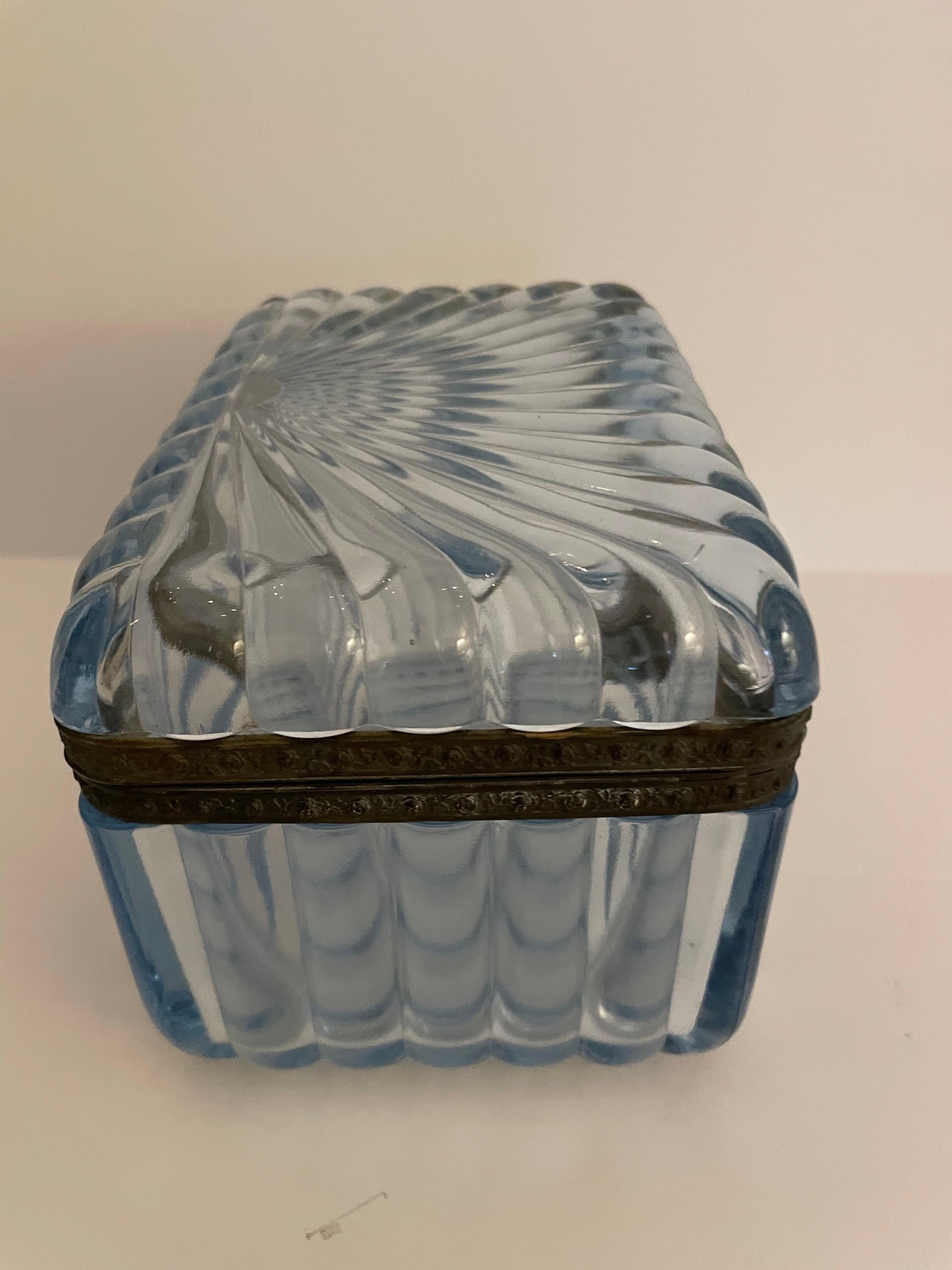Antique rare nineteenth century French dresser box in pale blue crystal with bronze trim by Baccarat. A beautiful piece to add or start a collection.