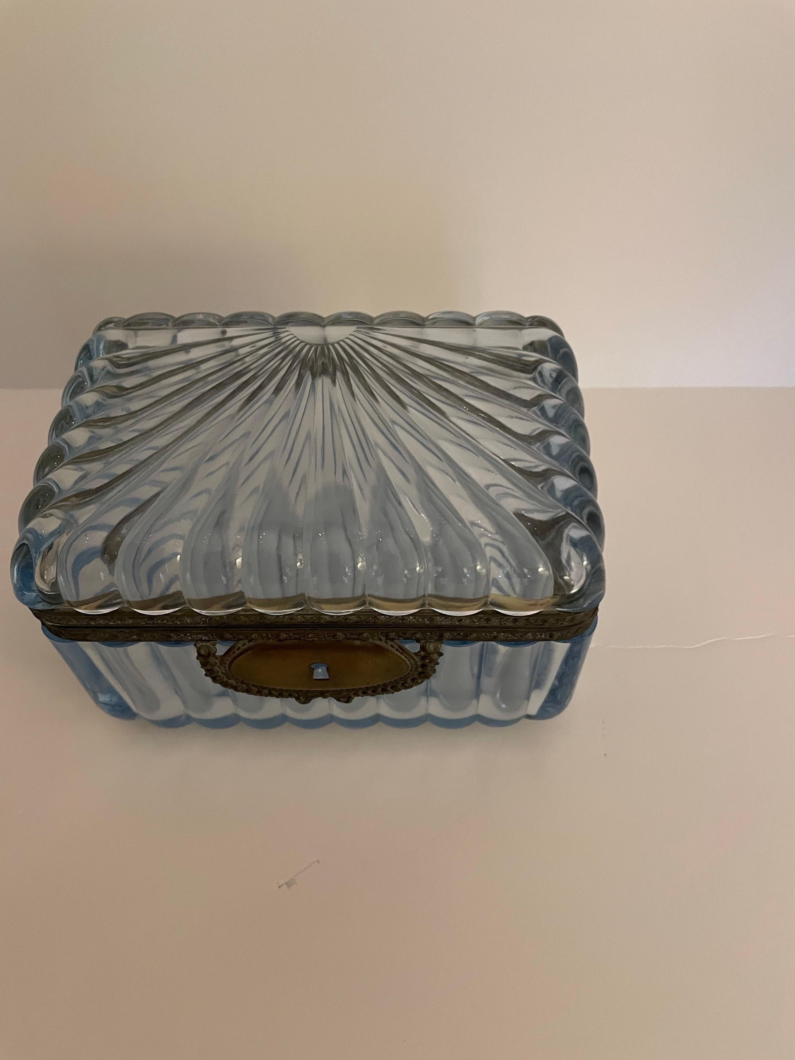 19th Century Pale Blue French Crystal & Bronze Dresser Box by Baccarat For Sale