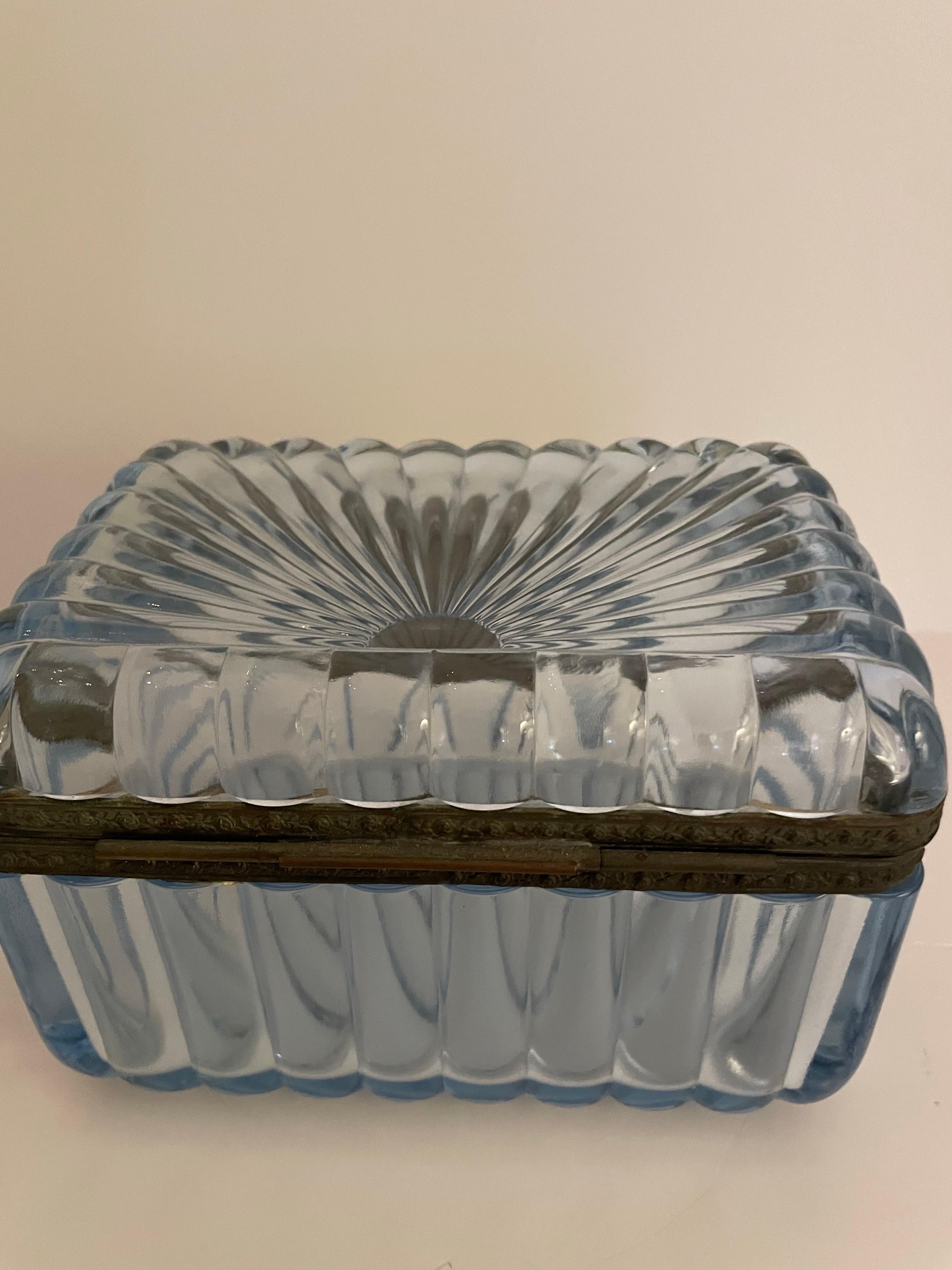 Pale Blue French Crystal & Bronze Dresser Box by Baccarat For Sale 1