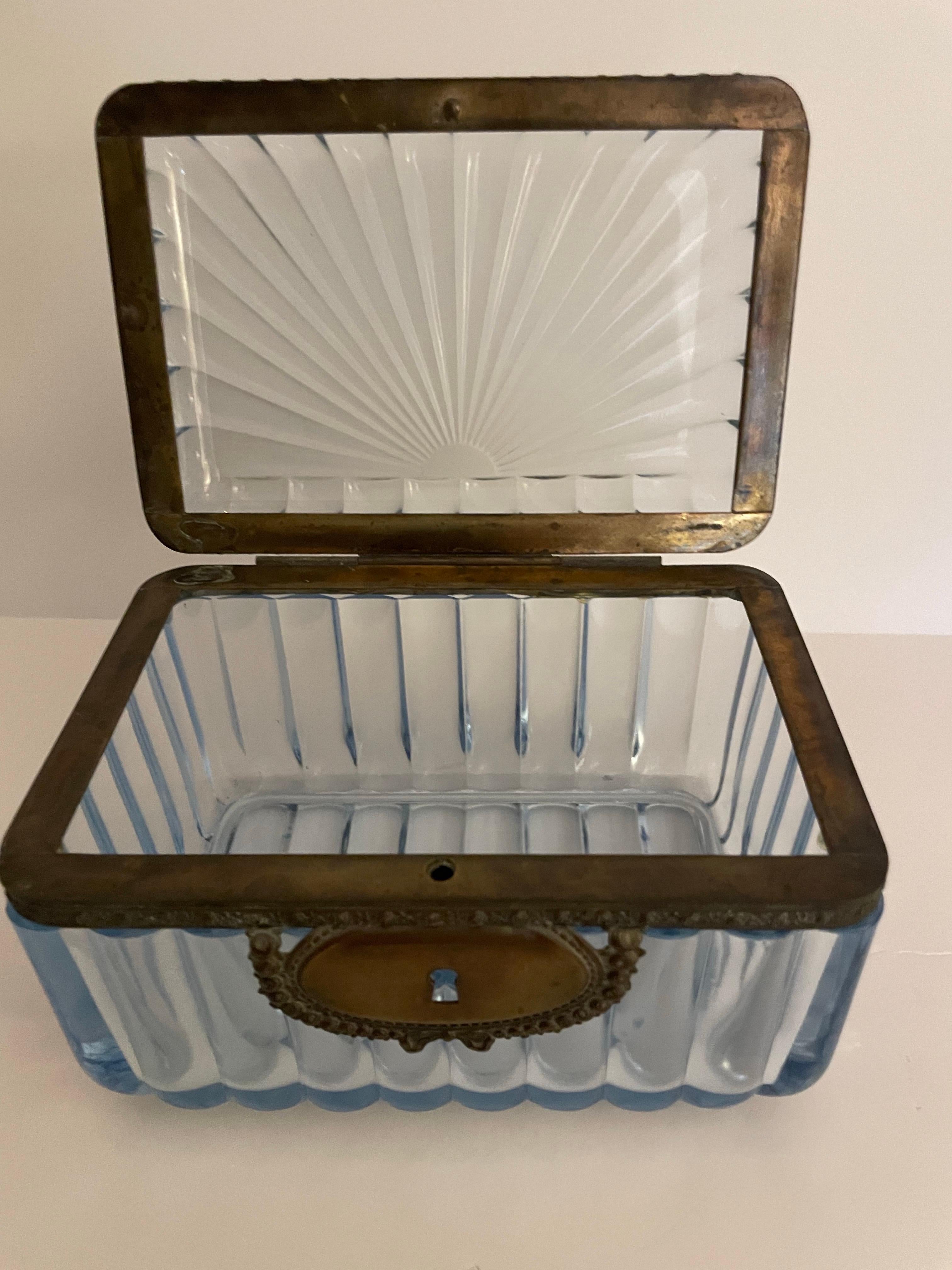 Pale Blue French Crystal & Bronze Dresser Box by Baccarat For Sale 2