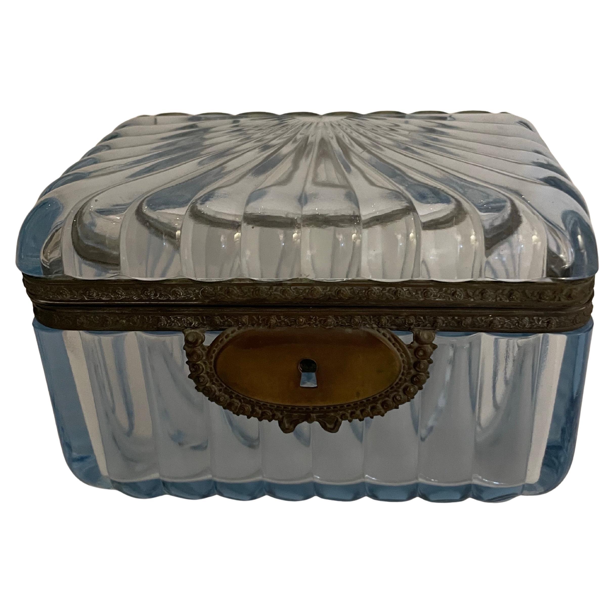 Pale Blue French Crystal 
Bronze Dresser Box by Baccarat For Sale