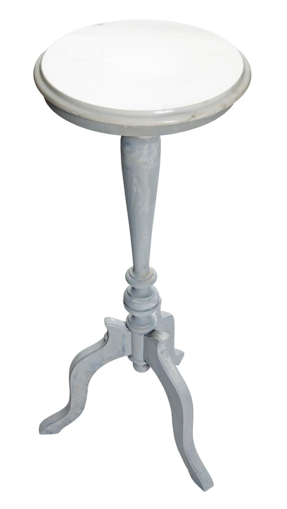 Victorian Pale Blue Gray Pedestal Table with Marble Top Plant or Pillar Stand
