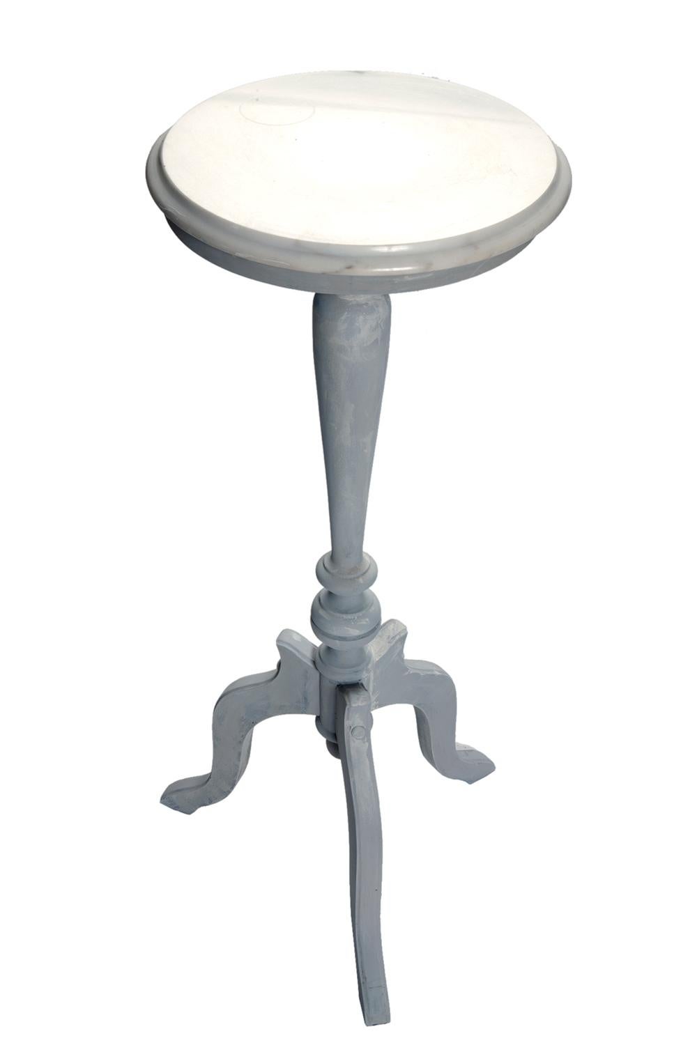 Turned Pale Blue Gray Pedestal Table with Marble Top Plant or Pillar Stand