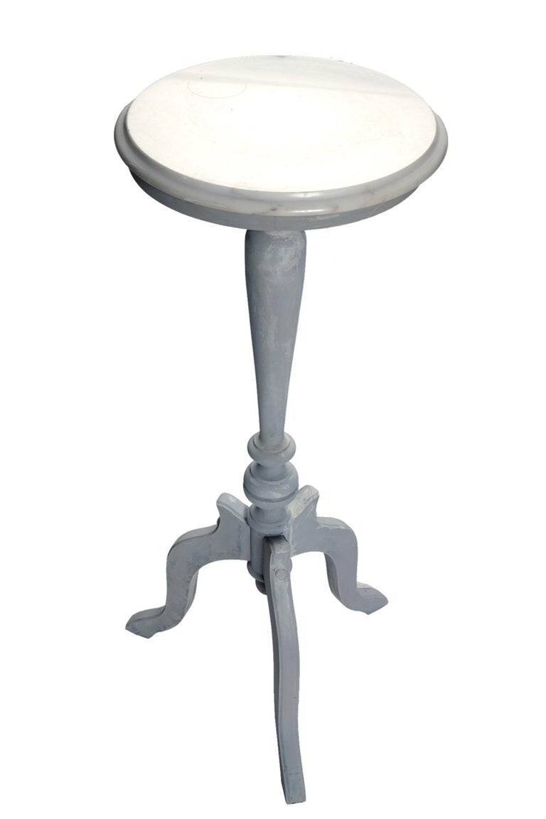 Pale Blue Gray Pedestal Table with Marble Top Plant or Pillar Stand For