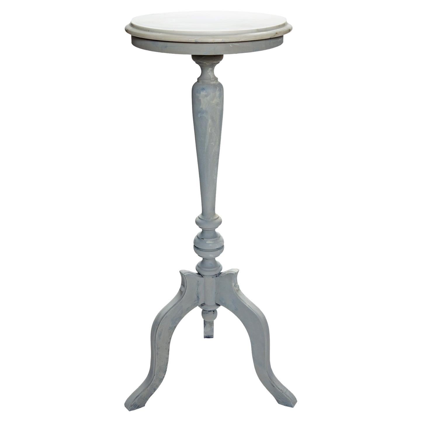 Pale Blue Gray Pedestal Table with Marble Top Plant or Pillar Stand