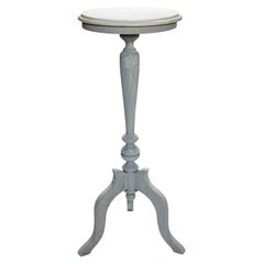 Pale Blue Gray Pedestal Table with Marble Top Plant or Pillar Stand