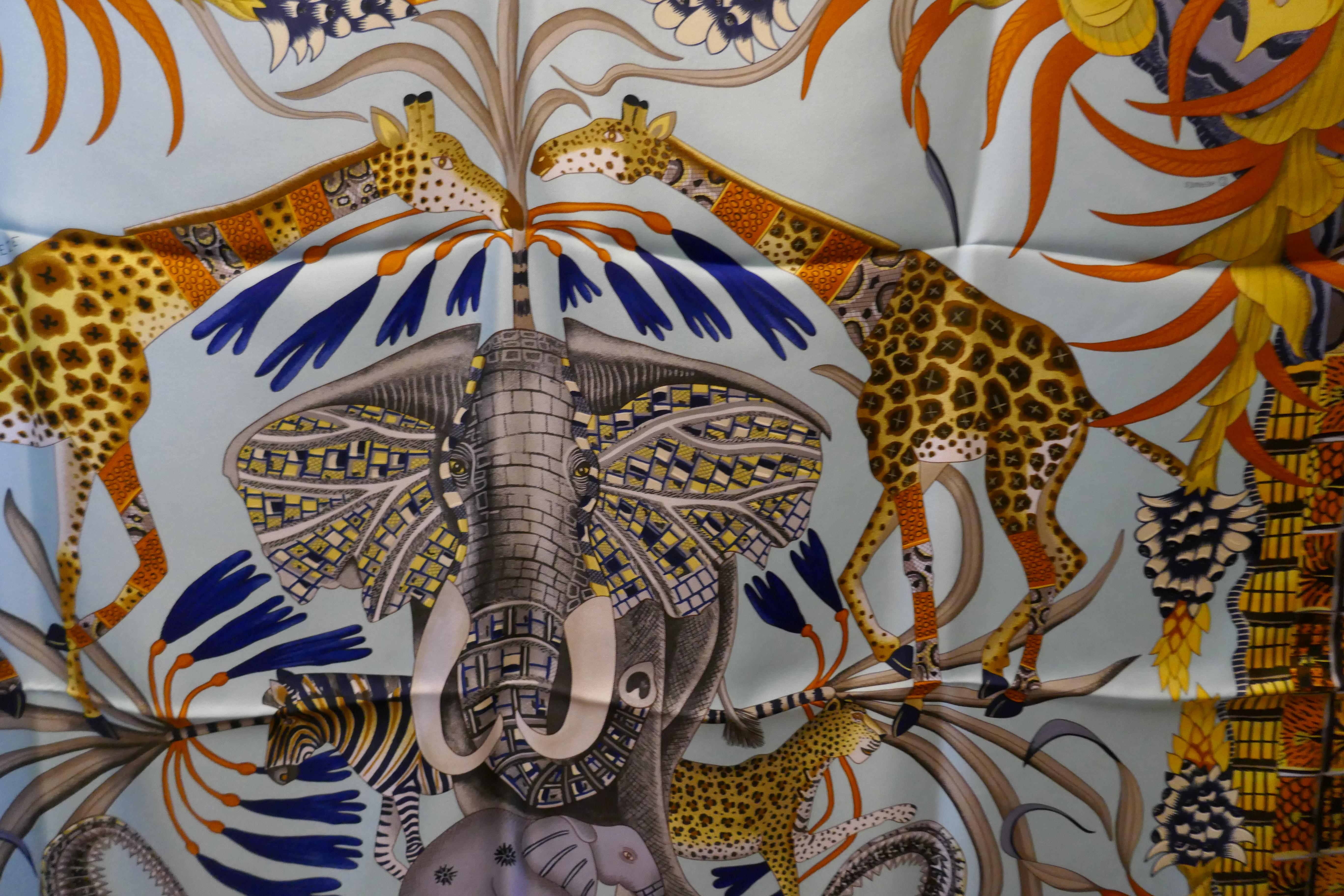 Pale Blue HERMÈS Ardmore Artists design “La Marche du Zambeze” 100% Silk Scarf,  5