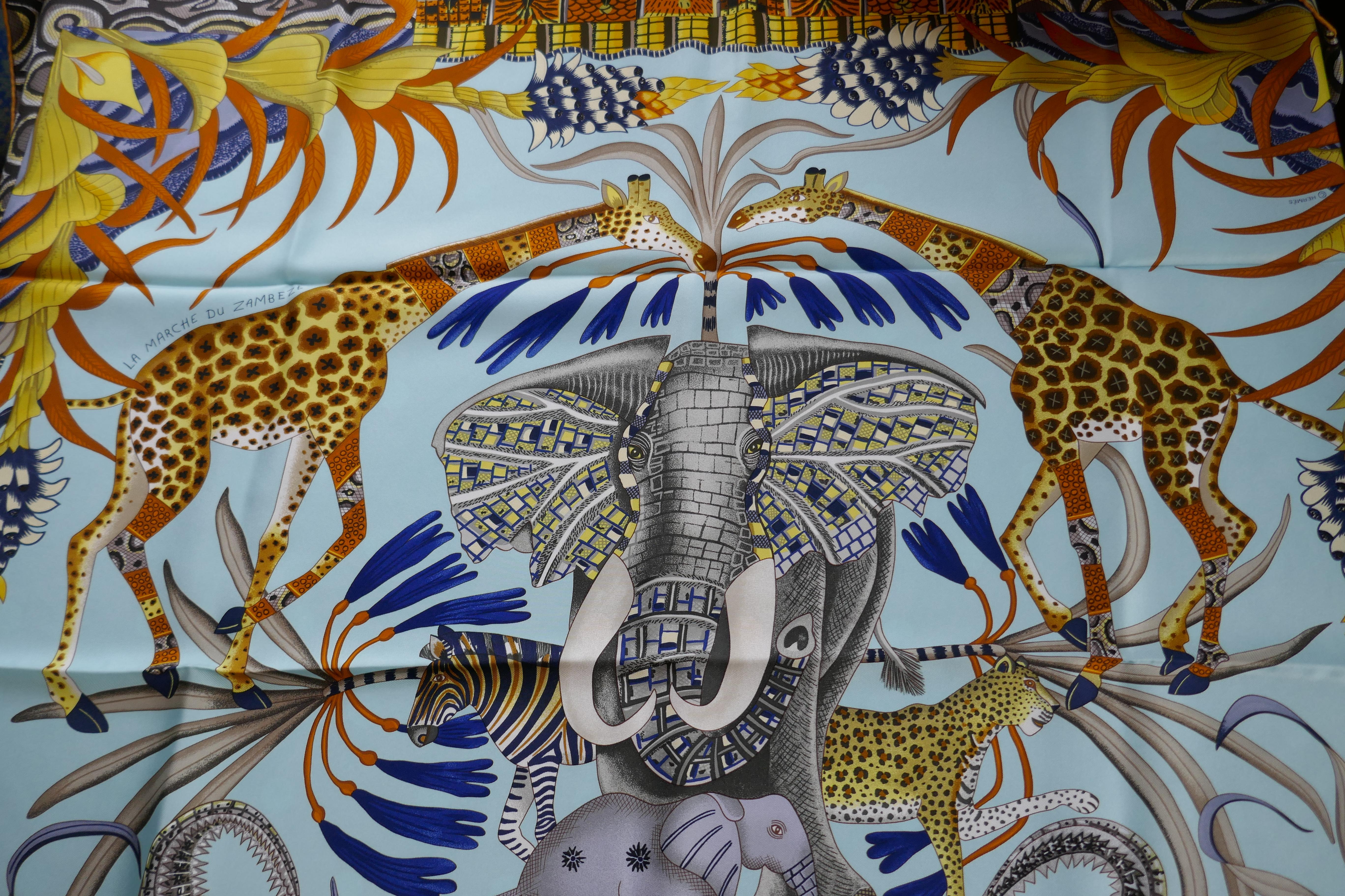 Pale Blue HERMÈS Ardmore Artists design “La Marche du Zambeze” 100% Silk Scarf,  6
