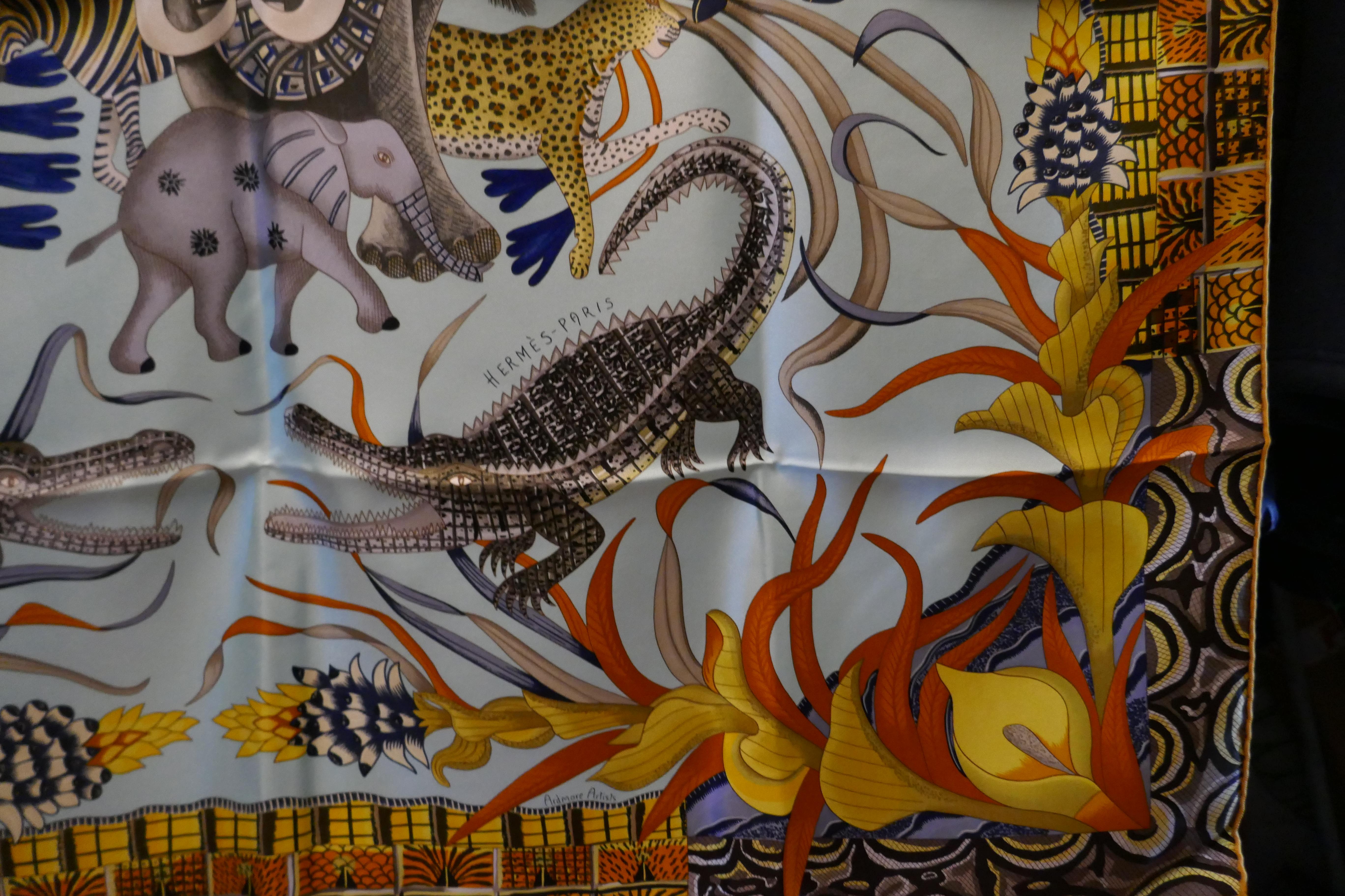 Women's or Men's Pale Blue HERMÈS Ardmore Artists design “La Marche du Zambeze” 100% Silk Scarf,