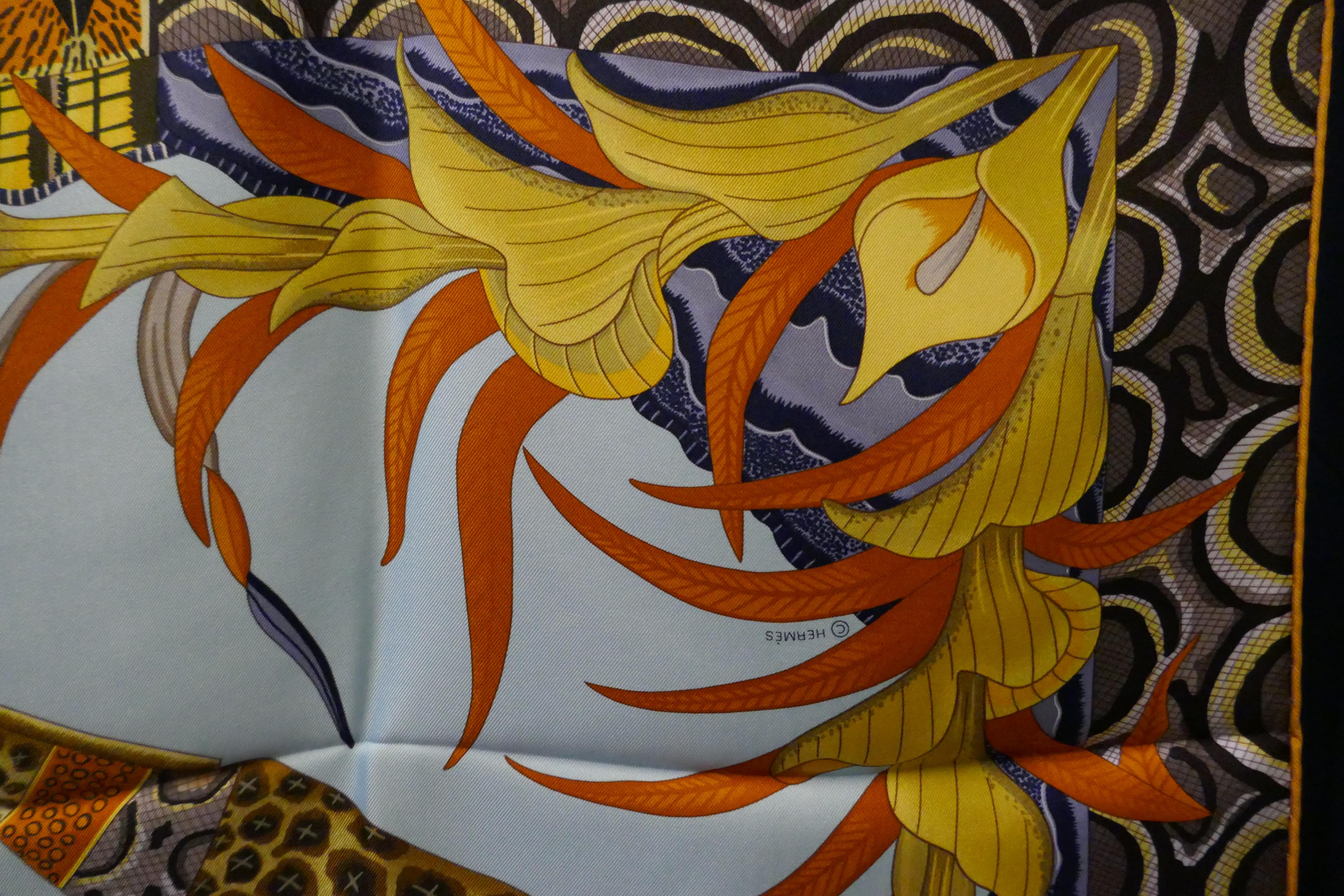 Pale Blue HERMÈS Ardmore Artists design “La Marche du Zambeze” 100% Silk Scarf,  1