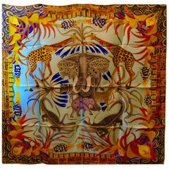 Pale Blue HERMÈS Ardmore Artists design “La Marche du Zambeze” 100% Silk Scarf,