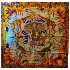 Pale Blue HERMÈS Ardmore Artists design “La Marche du Zambeze” 100% Silk Scarf, 