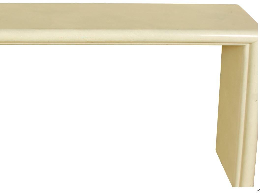 Pale blue lacquer console in Karl Springer style. Mid-Century Modern table with a double edge design.