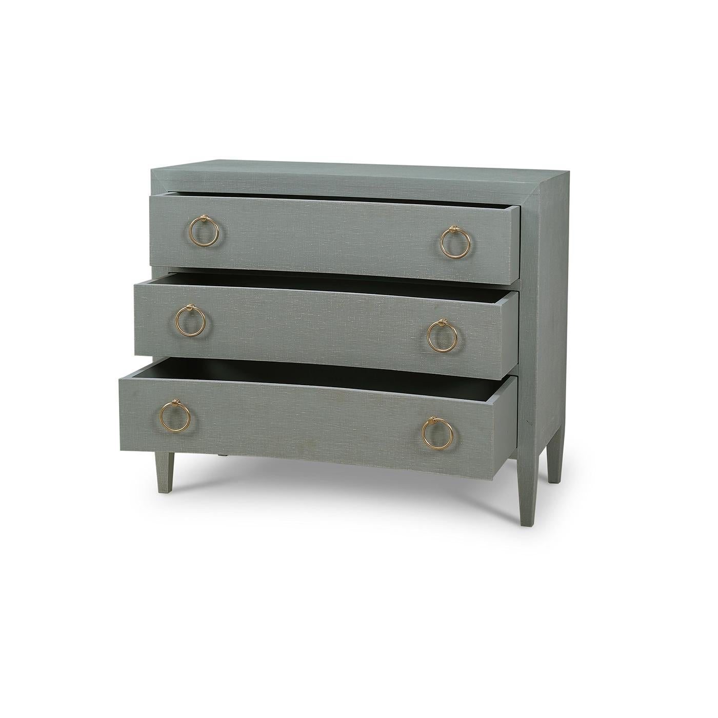 Mid-Century moderno Cassettiera moderna rivestita in lino blu pallido in vendita