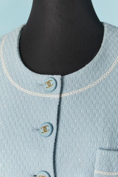 Pale blue long tweed single breasted jacket CHANEL Boutique fo Bergdorf Goodman