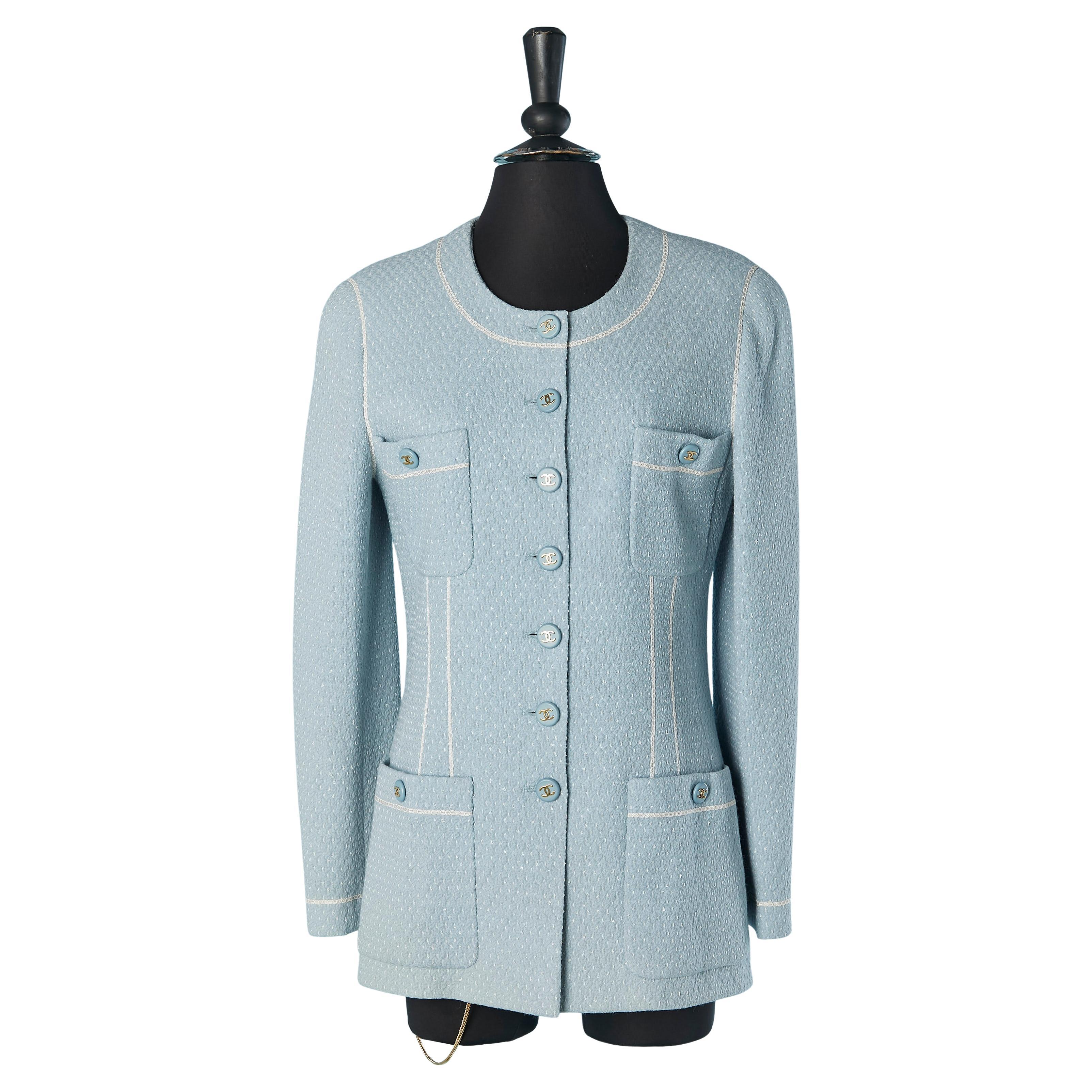 Veste longue en tweed bleu pâle à simple boutonnage CHANEL Boutique fo Bergdorf Goodman en vente