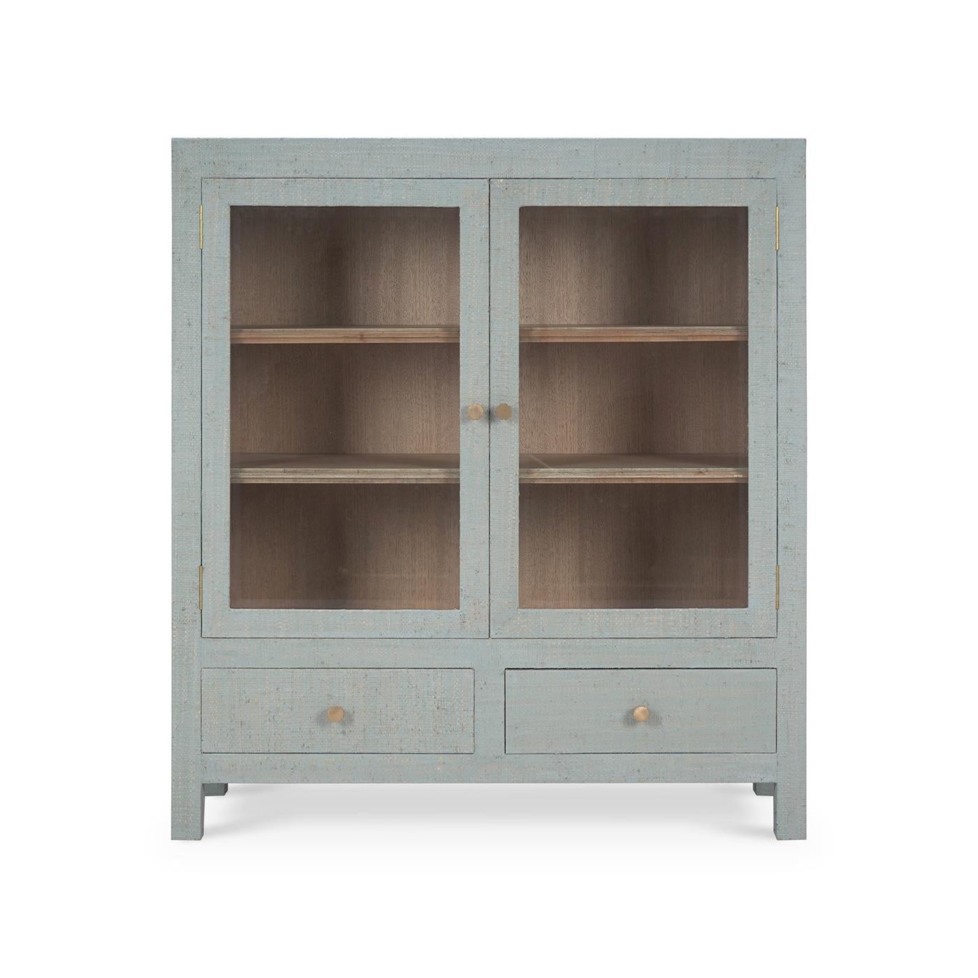 This exquisite piece combines practical storage with timeless style, perfect for showcasing your favorite china and collectibles.

Crafted with meticulous attention to detail, this solid mahogany china cabinet is wrapped in a lovely pale blue raffia