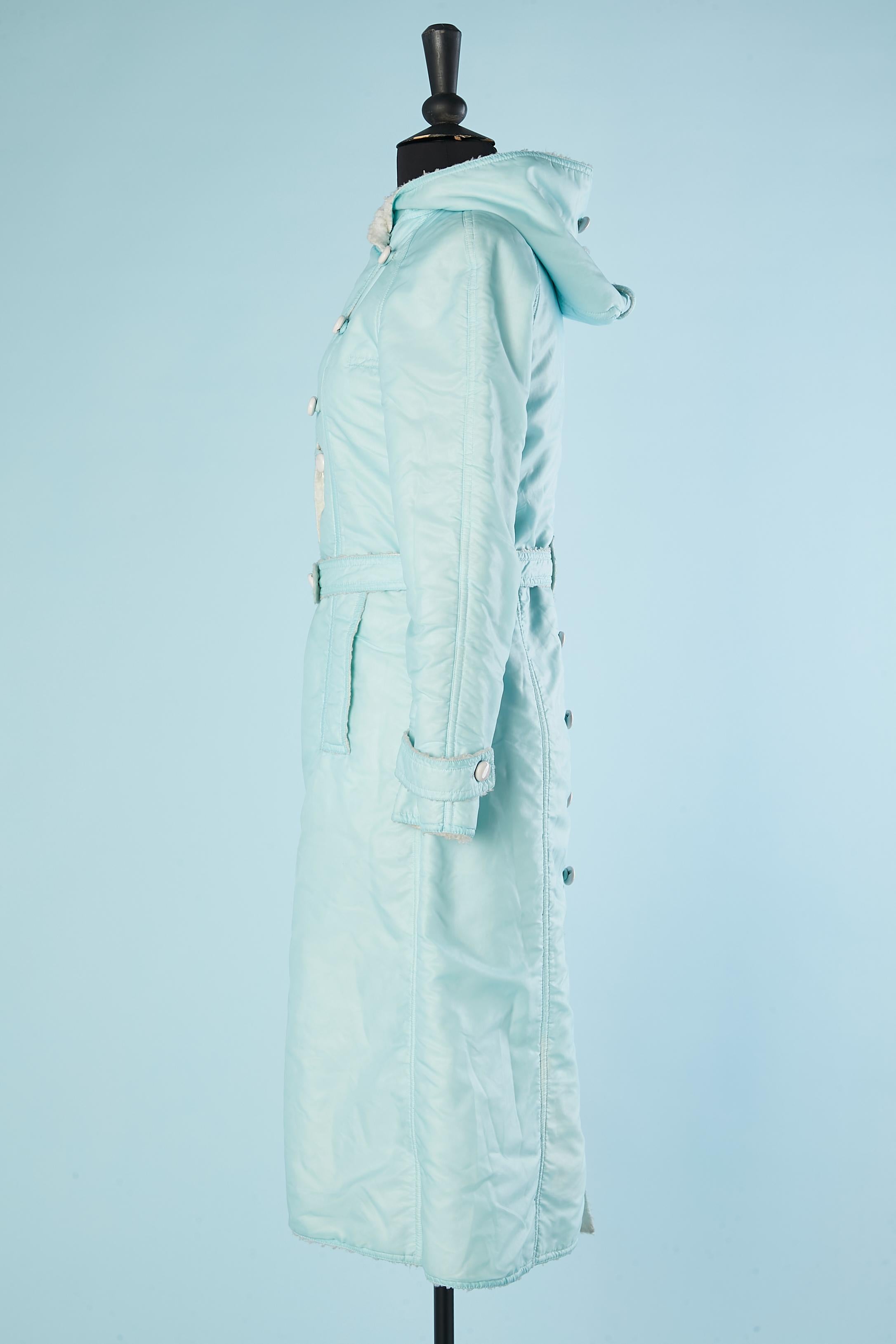 Women's Pale blue nylon coat with hood and fake fur Courrèges Hyperbole Circa 1971/72 For Sale