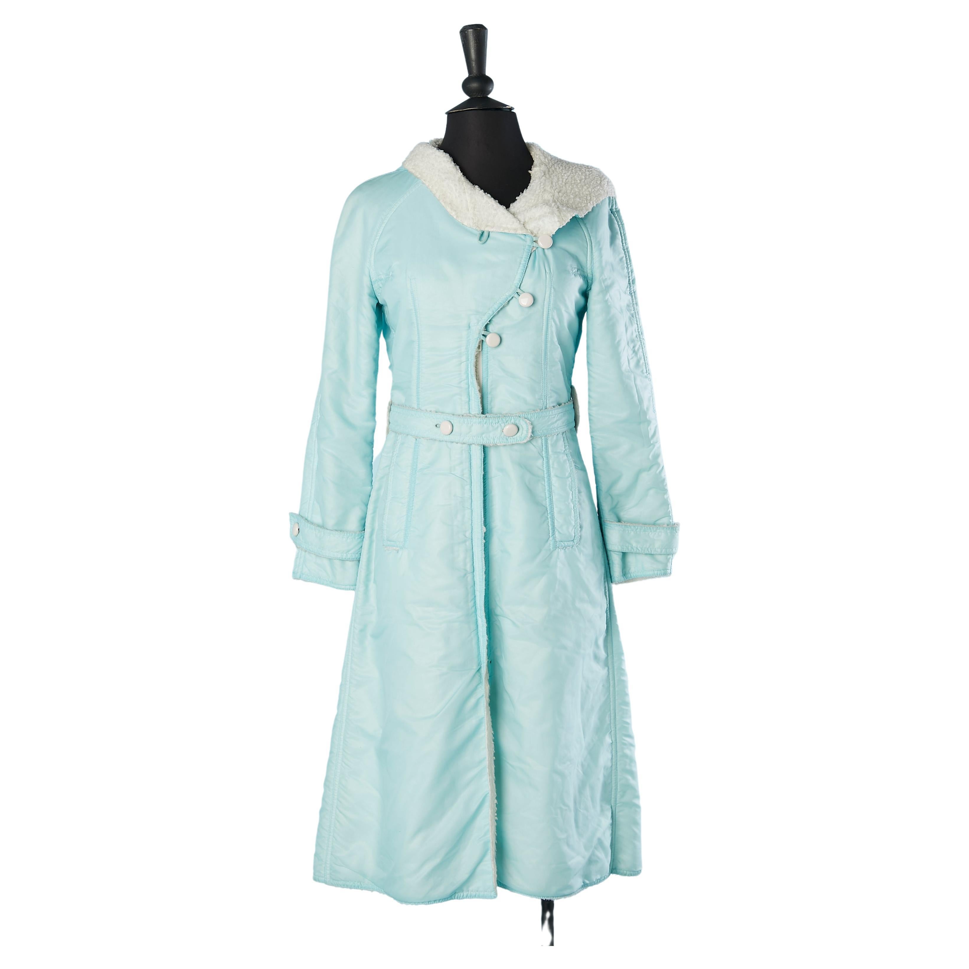 Pale blue nylon coat with hood and fake fur Courrèges Hyperbole Circa 1971/72 For Sale
