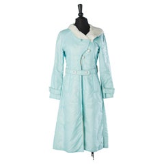 Pale blue nylon coat with hood and fake fur Courrèges Hyperbole Circa 1971/72
