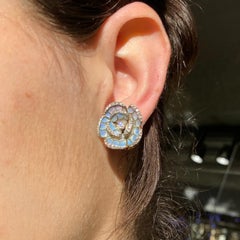 Pale Blue Plique a Jour Enamel, Diamond, Gold and Silver Flower Earrings