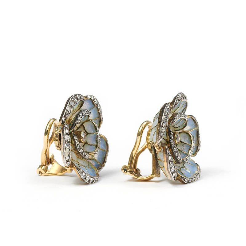 Modern Pale Blue Plique a Jour Enamel, Diamond, Gold and Silver Flower Earrings For Sale