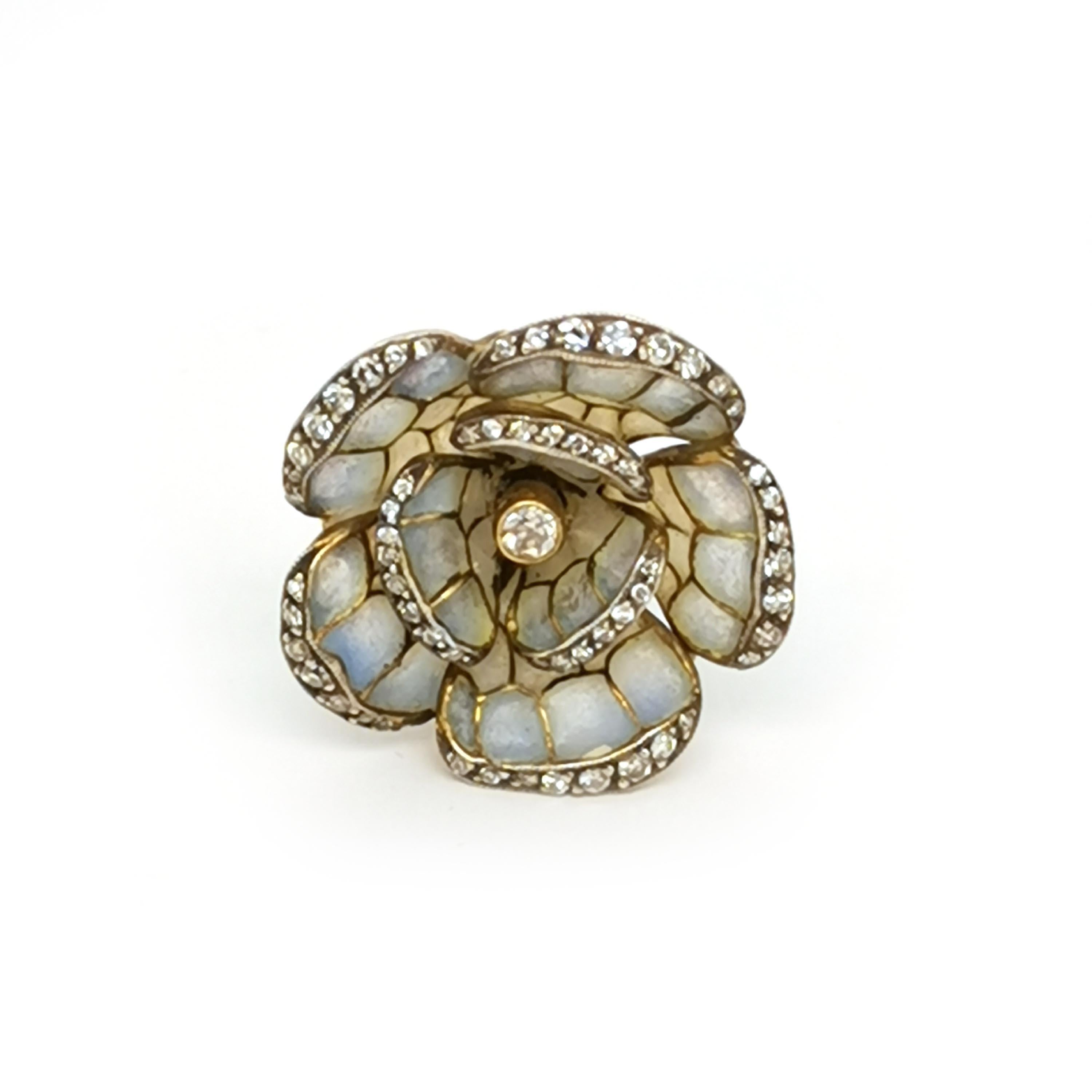 Pale Blue Plique a Jour Enamel, Diamond, Gold and Silver Flower Earrings In Good Condition For Sale In London, GB