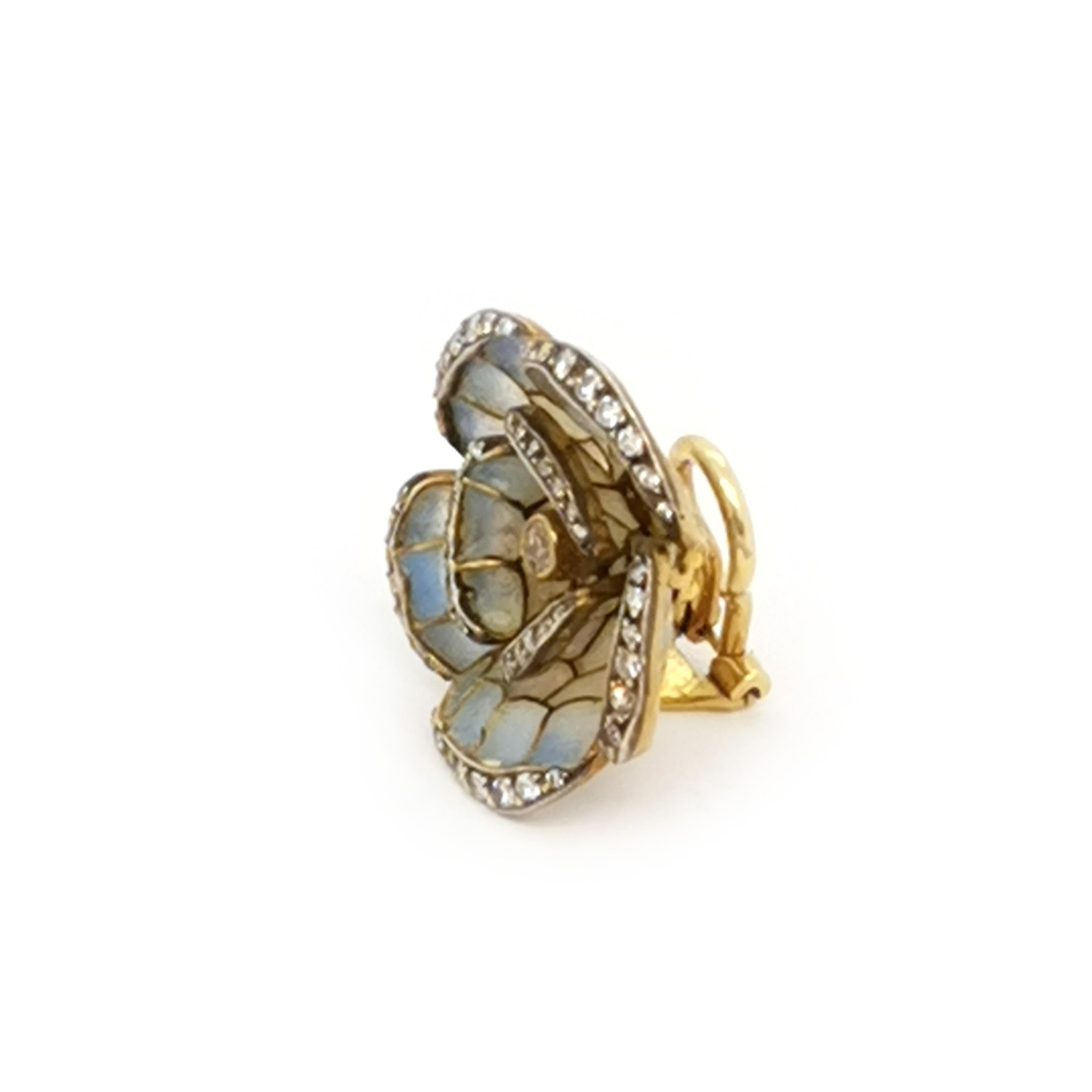 Women's Pale Blue Plique a Jour Enamel, Diamond, Gold and Silver Flower Earrings For Sale