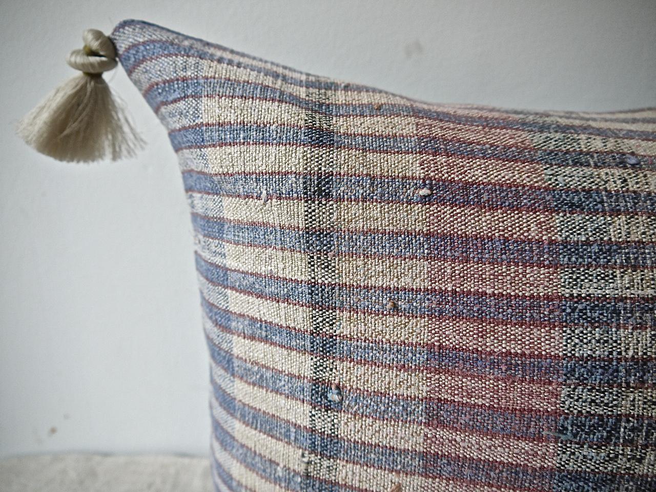 Country Pale Blue Red White Hemp and Cotton Striped Pillow Portugese 19th Century For Sale