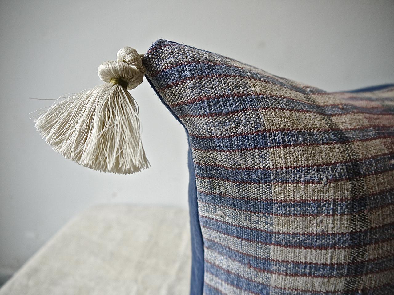 Portuguese Pale Blue Red White Hemp and Cotton Striped Pillow Portugese 19th Century For Sale