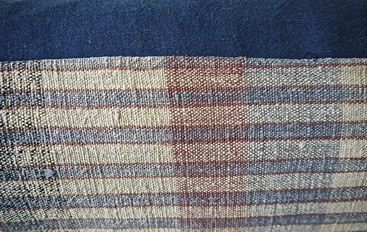 Hand-Woven Pale Blue Red White Hemp and Cotton Striped Pillow Portugese 19th Century For Sale