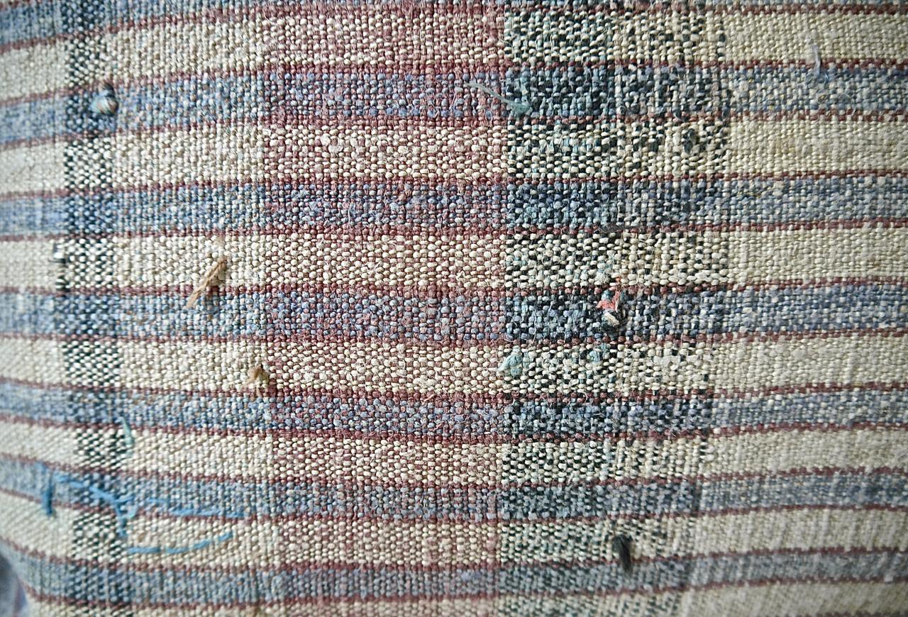 Pale Blue Red White Hemp and Cotton Striped Pillow Portugese 19th Century In Good Condition For Sale In London, GB