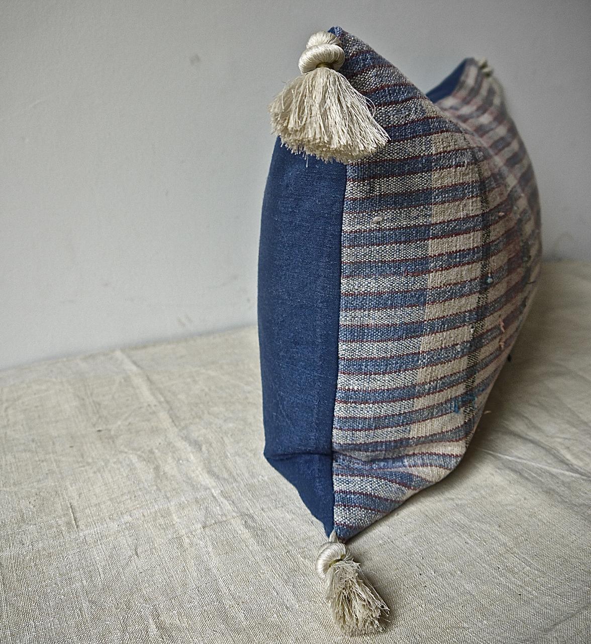 Pale Blue Red White Hemp and Cotton Striped Pillow Portugese 19th Century For Sale 1