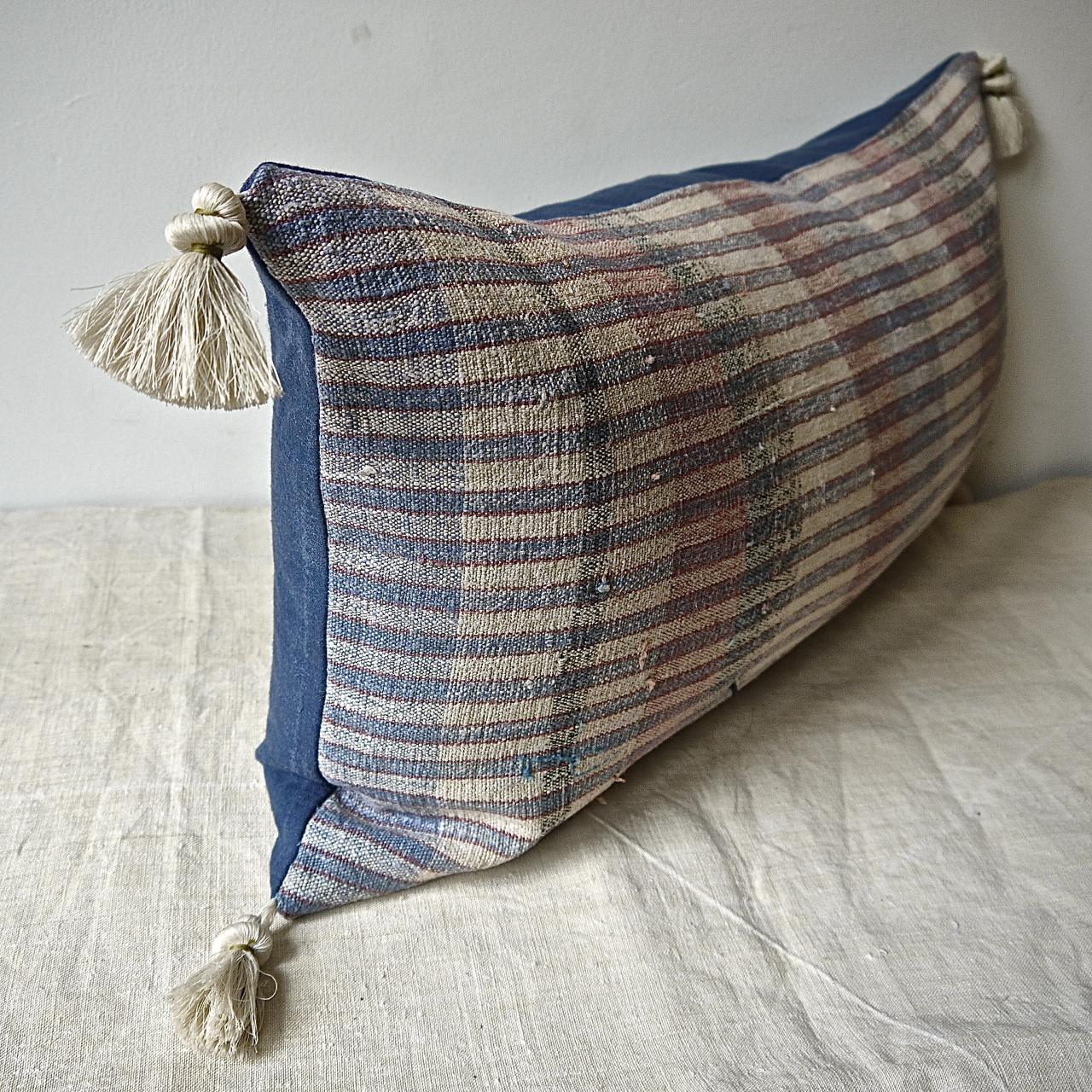Pale Blue Red White Hemp and Cotton Striped Pillow Portugese 19th Century For Sale 2