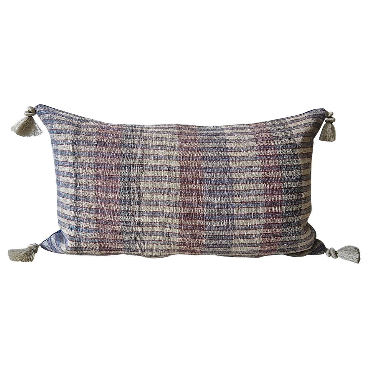 Pale Blue Red White Hemp and Cotton Striped Pillow Portugese 19th Century For Sale