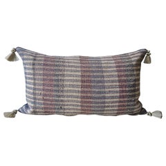 Pale Blue Red White Hemp and Cotton Striped Pillow Portugese 19th Century