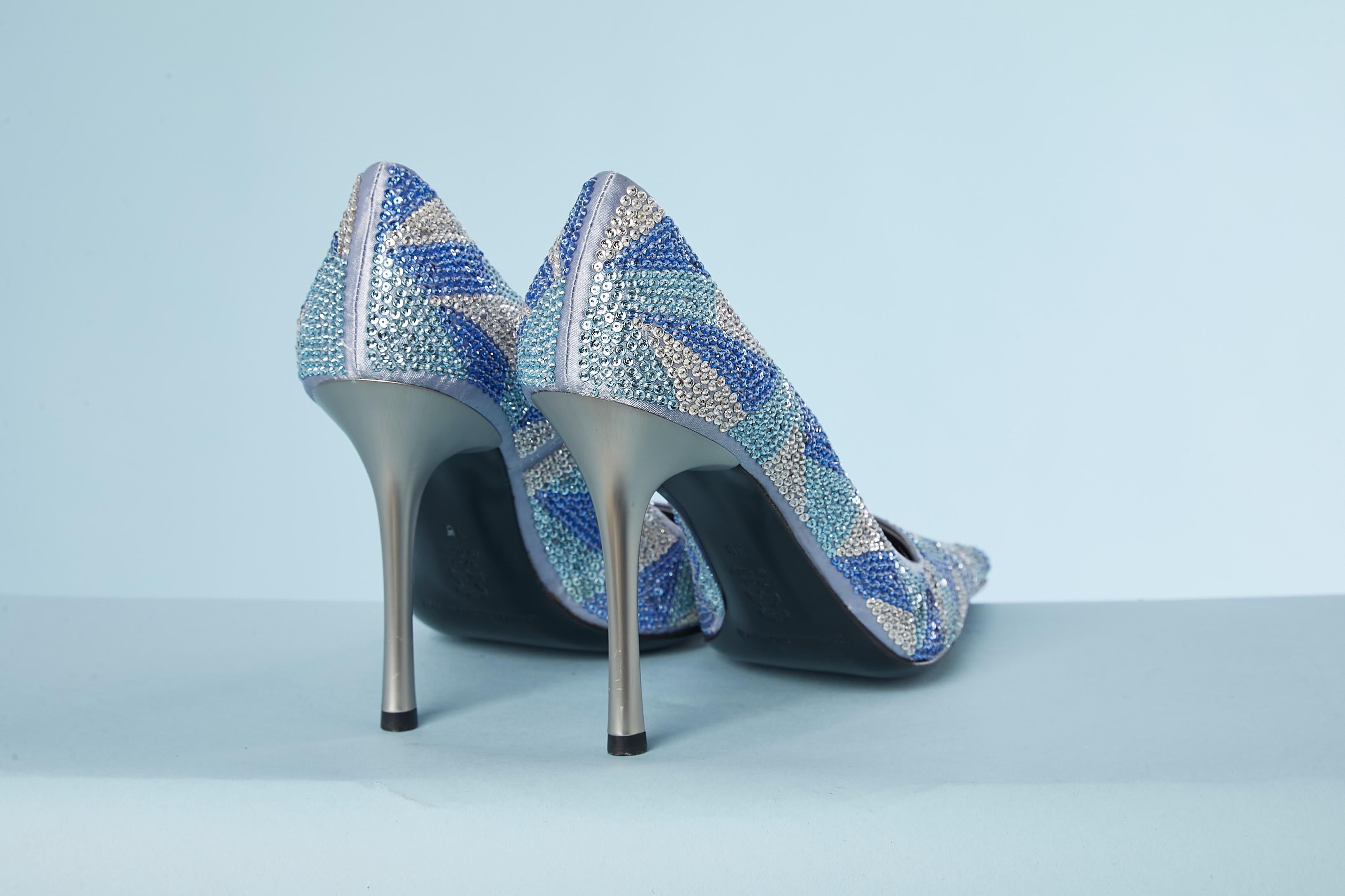 Gray Pale blue satin pump covered with blue and silver rhinestone Gianmarco Lorenzi  For Sale