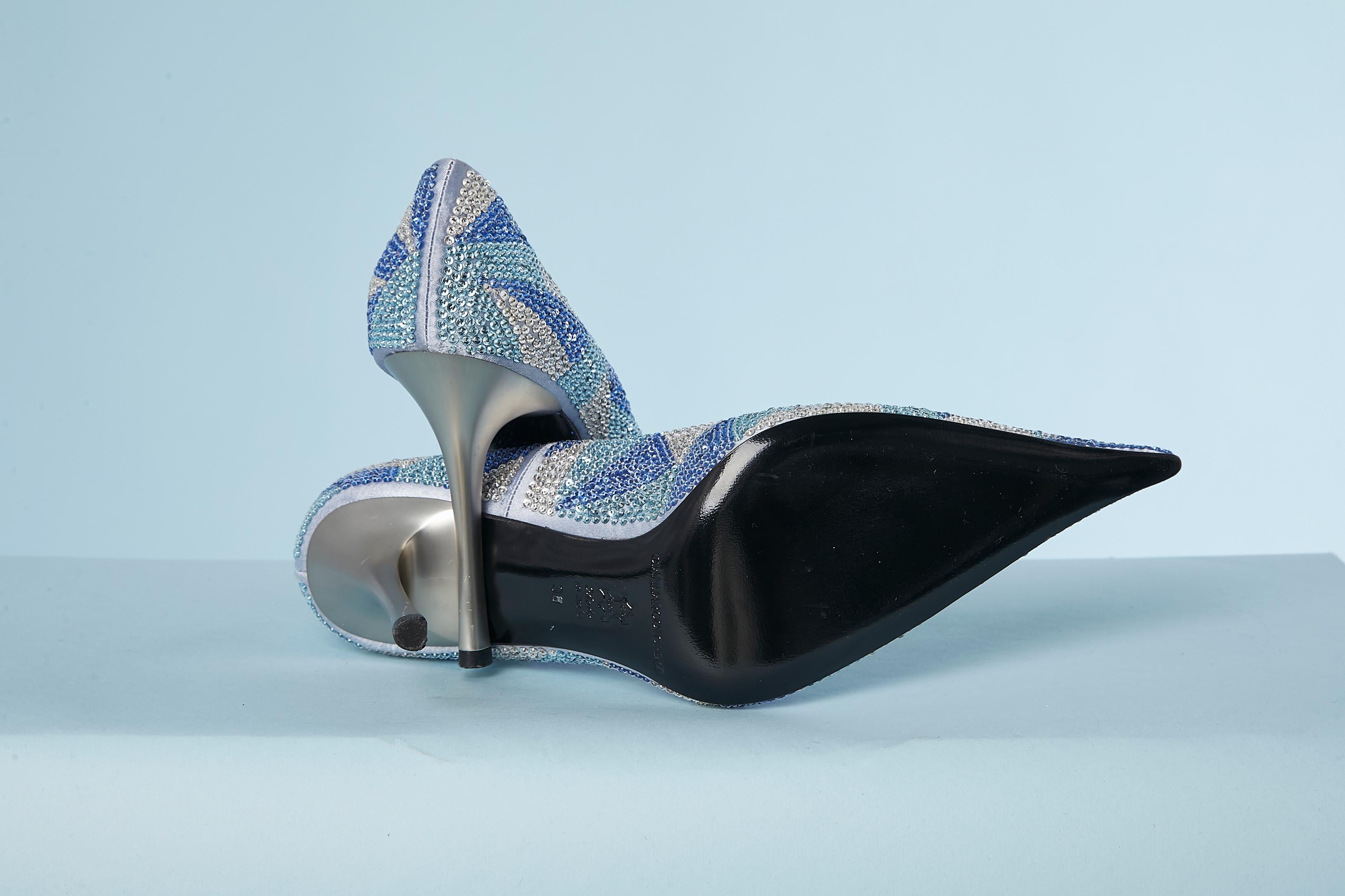Pale blue satin pump covered with blue and silver rhinestone Gianmarco Lorenzi  In New Condition For Sale In Saint-Ouen-Sur-Seine, FR