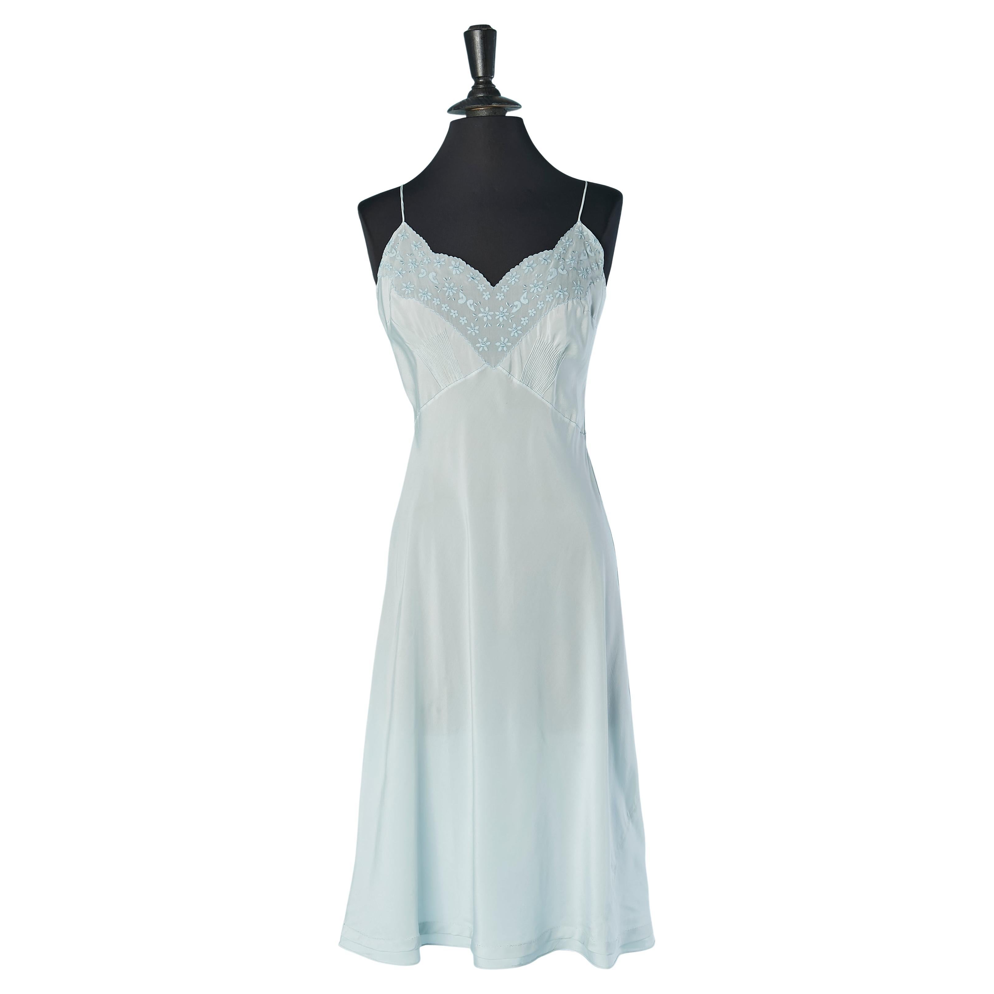 Pale blue silk slip dress with flower appliqué Circa 1930
s For Sale