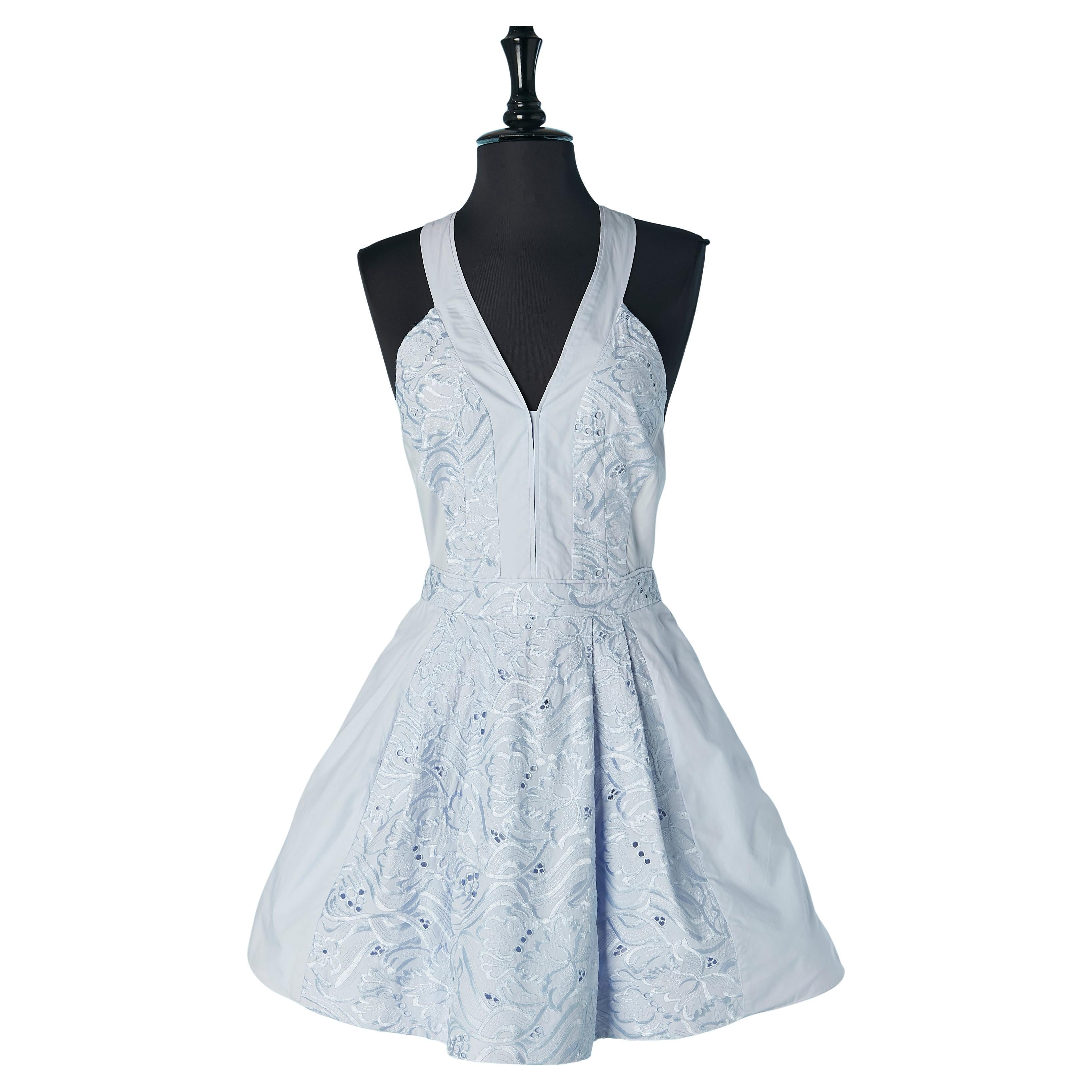 Pale blue sleeveless cotton dress with thread embroidery ROBERTO CAVALLI For Sale