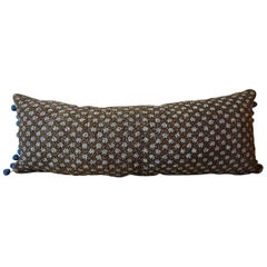 Pale Blue Stylized Flowers Long Pillow with Bobbles French 18th Century Antique
