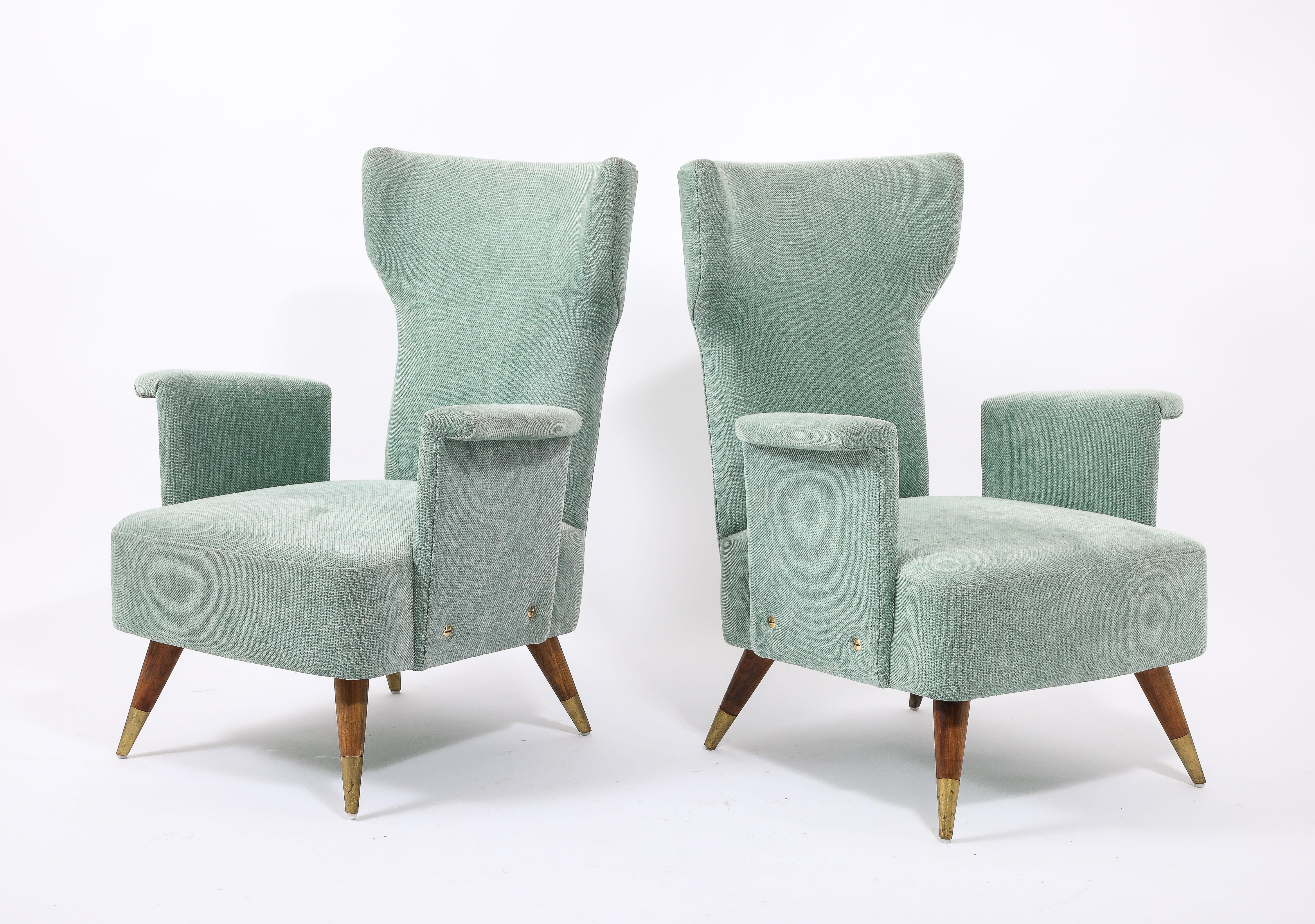Brass Pale Blue Tall Italian Wingchairs, Italy 1950's For Sale