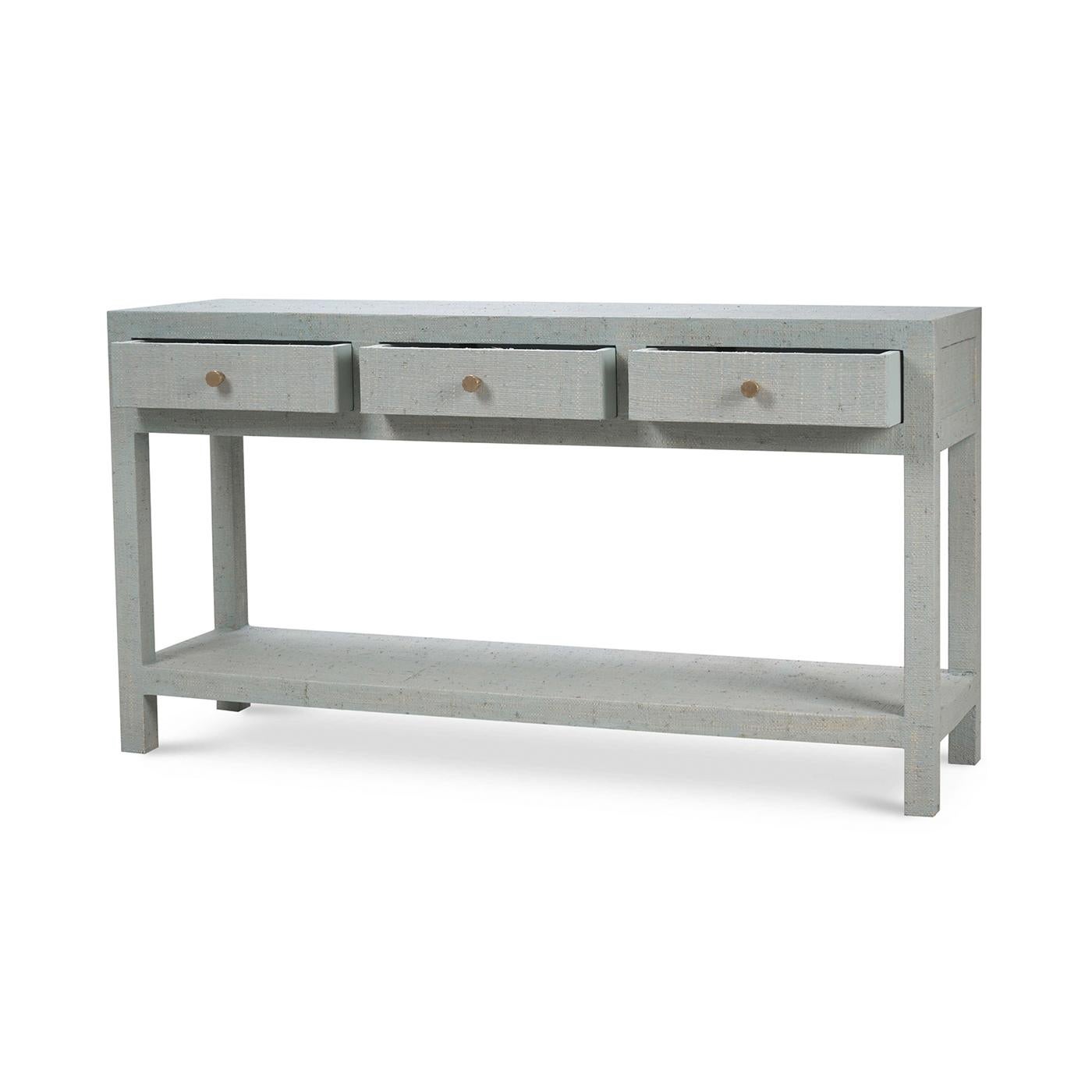 Organic Modern Pale Blue Washed Raffia Console Table For Sale