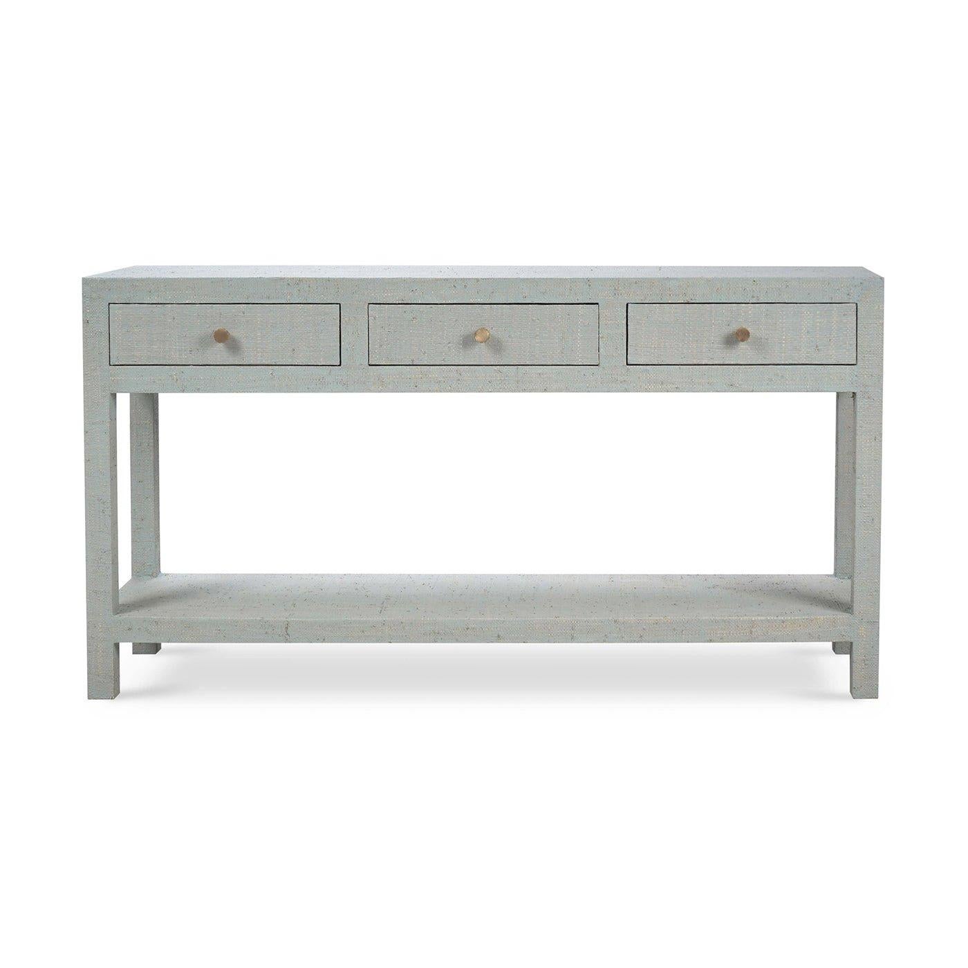 Brass Pale Blue Washed Raffia Console Table - Open Box For Sale