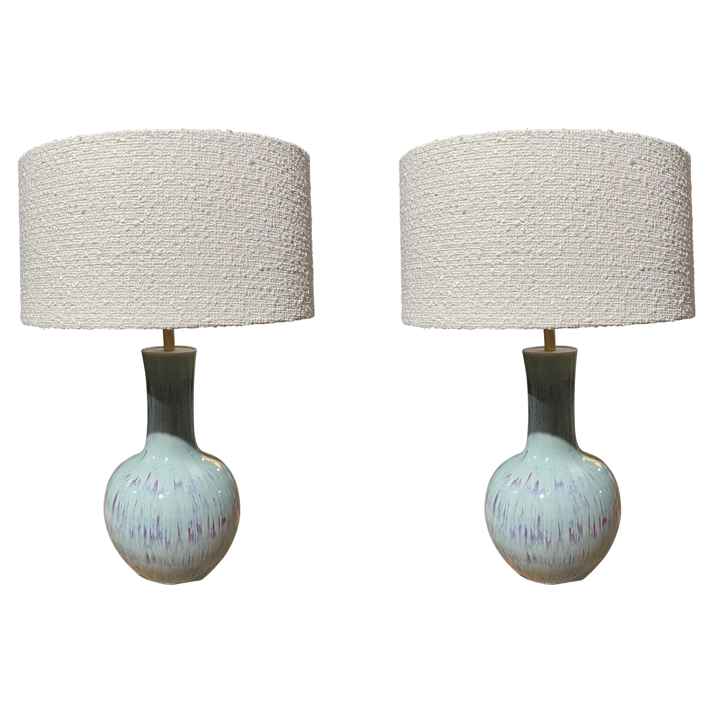 Pale Blue With Purple Pair Table Lamps With Shades, China, Contemporary