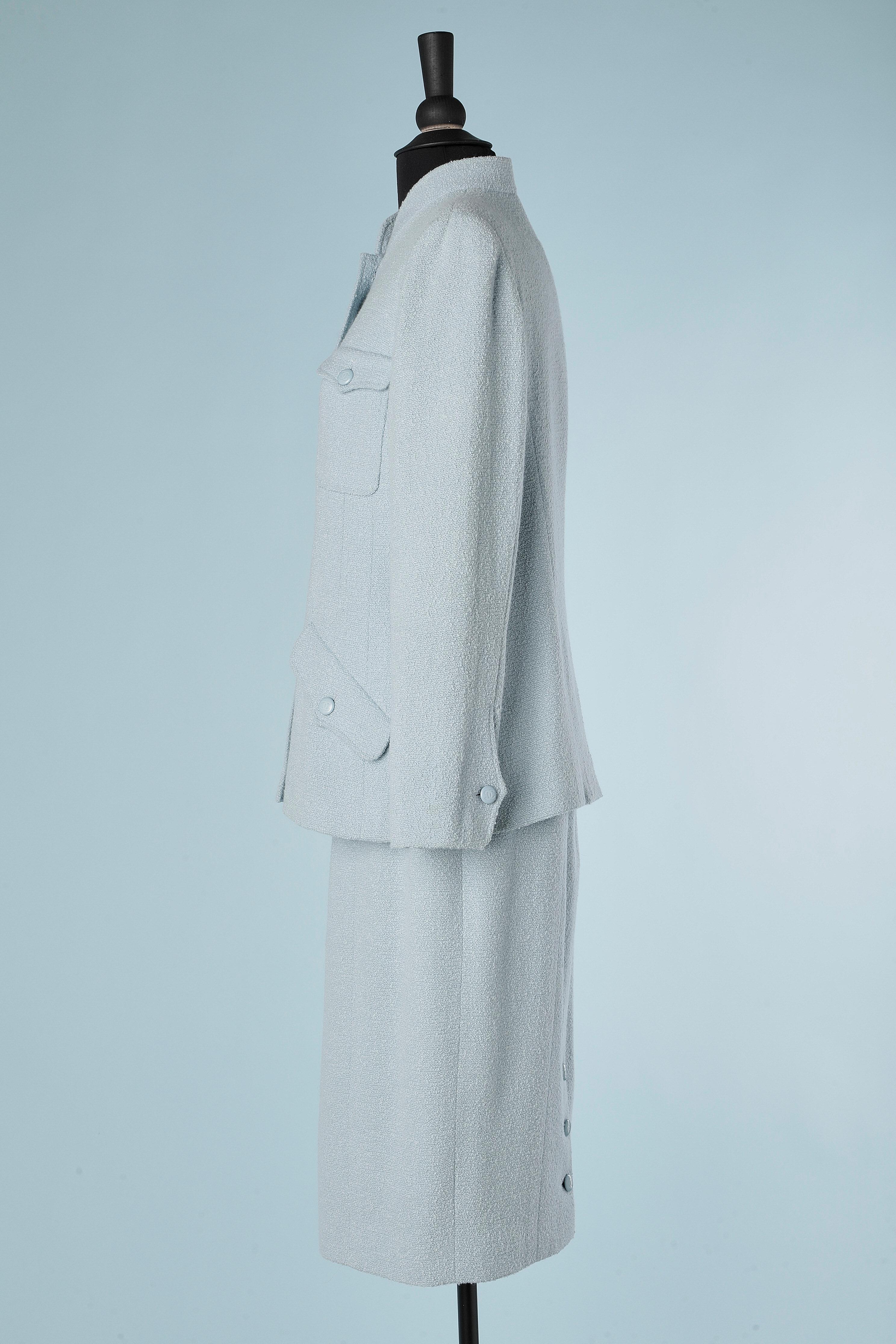 Gray Pale blue wool bouclette skirt suit  with branded buttons Chanel Boutique  For Sale